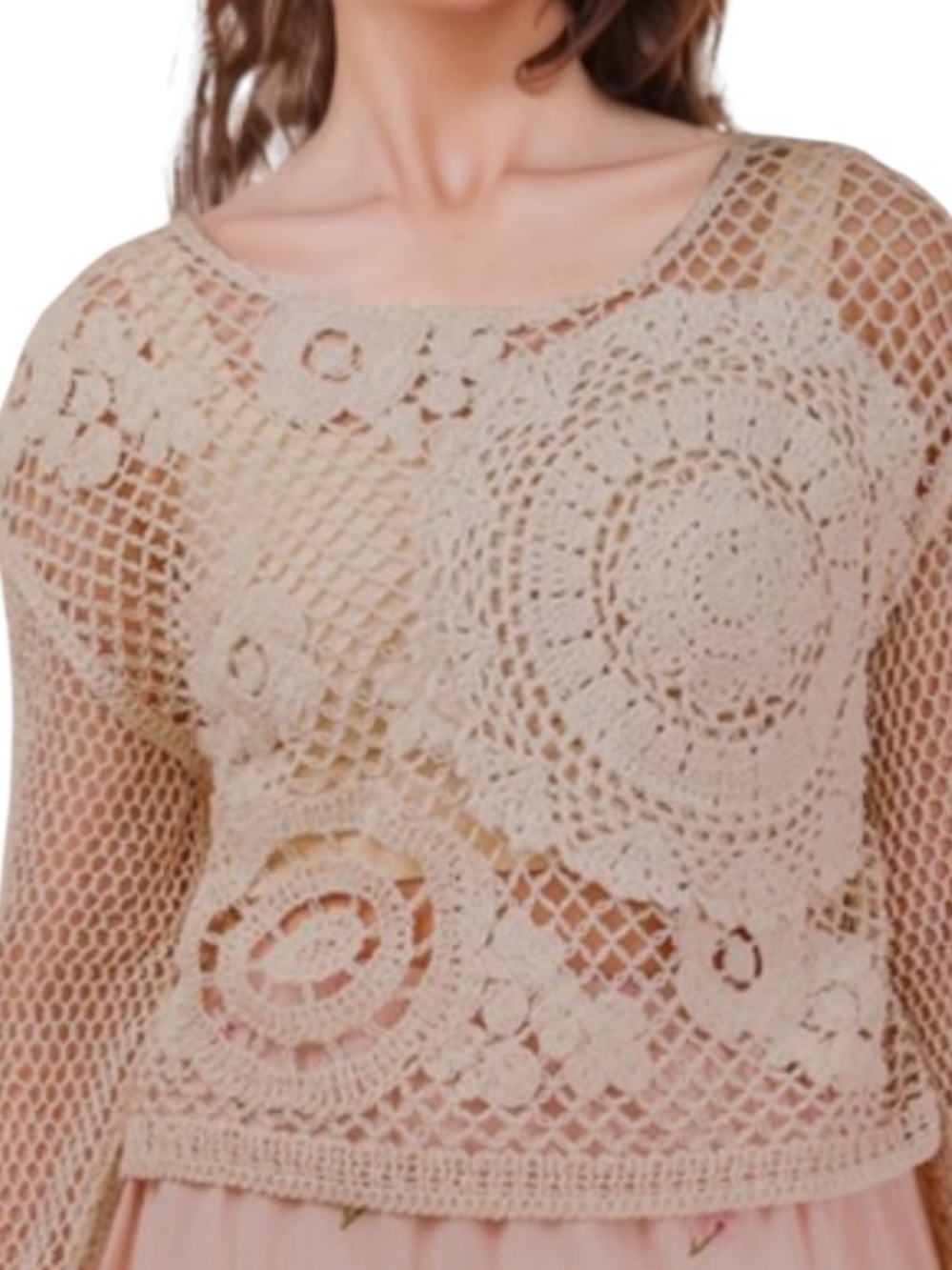 NEW IN Brand Natural Beige Boho Bell Sleeve Crochet Knit Top - Picture 2 of 9